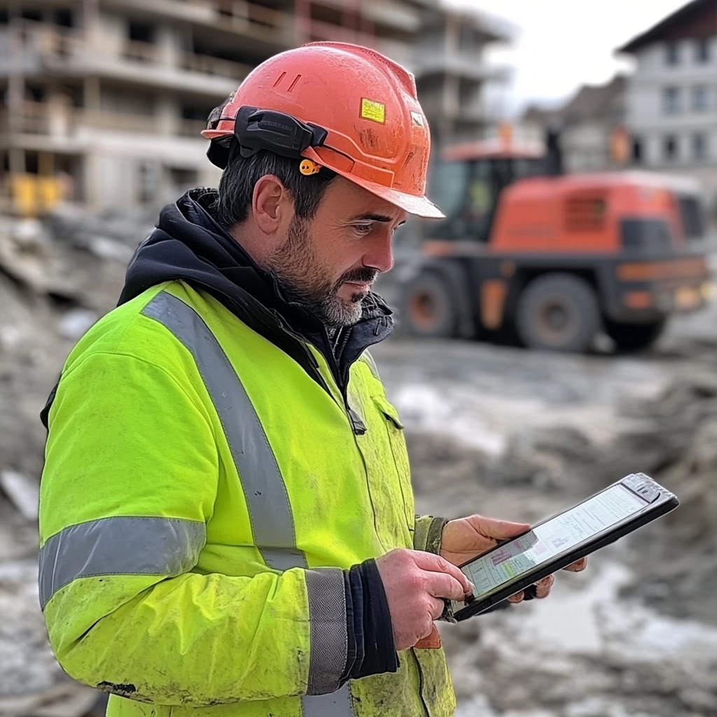 Sur un chantier de terrassement, un chef de chantier avec un gilet de securitė jaune fluo, un petit rond vert á l avant de son casque, qui gère avec une tablette tous les mouvements de déblais et déchets du chantier. On voit l homme et en arrière plan des camions qui emportent déblais et déchets