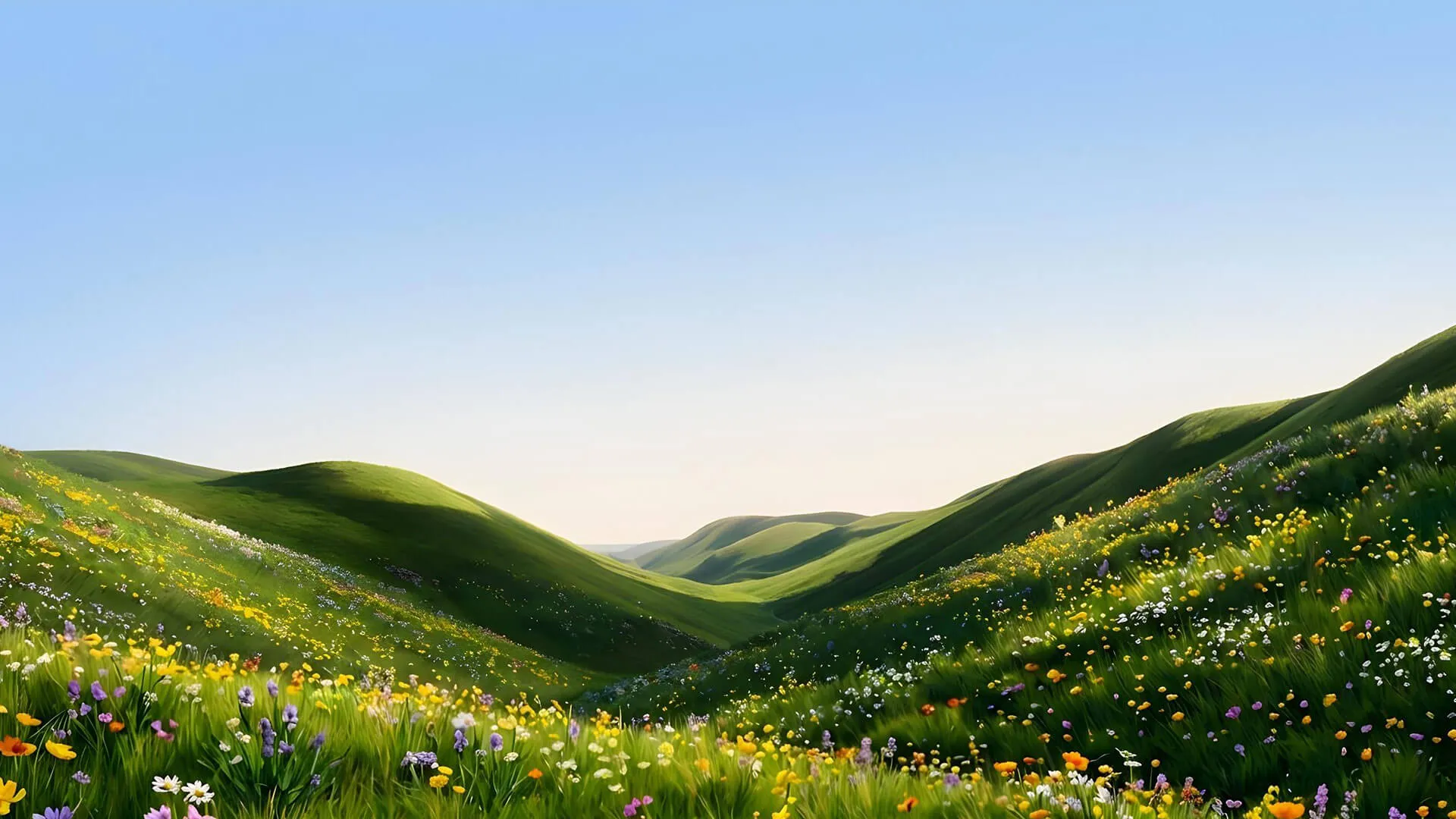 Green rolling hills covered with colorful wildflowers under a clear blue sky.