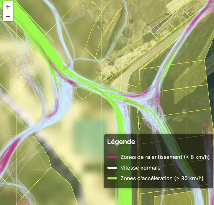 Capture d'écran de la solution trackmouv qui permet notamment d'avoir une heat map permettant de visualiser les chemins préférentiels et d'optimiser les pistes.