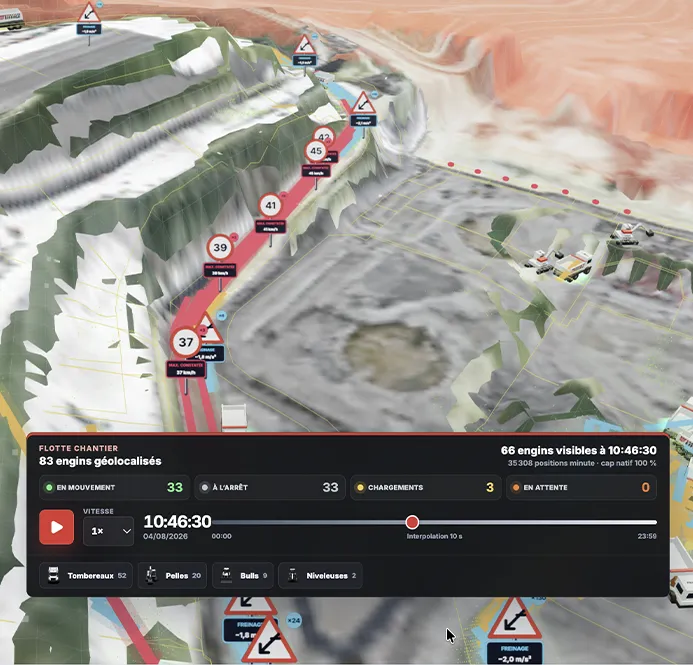 Capture d'écran de la solution trackmouv qui permet notamment d'avoir accès à un replay des flux de vos engins sur vos chantiers.