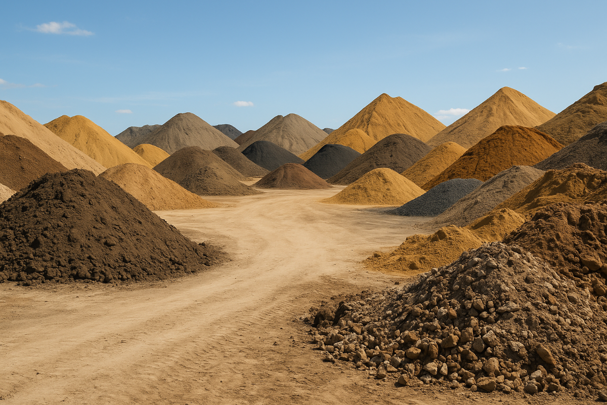 Grande étendue de stock de terres excavées et déblais de chantier, organisée en plateformes de stockage pour la traçabilité et la valorisation des matériaux inertes.